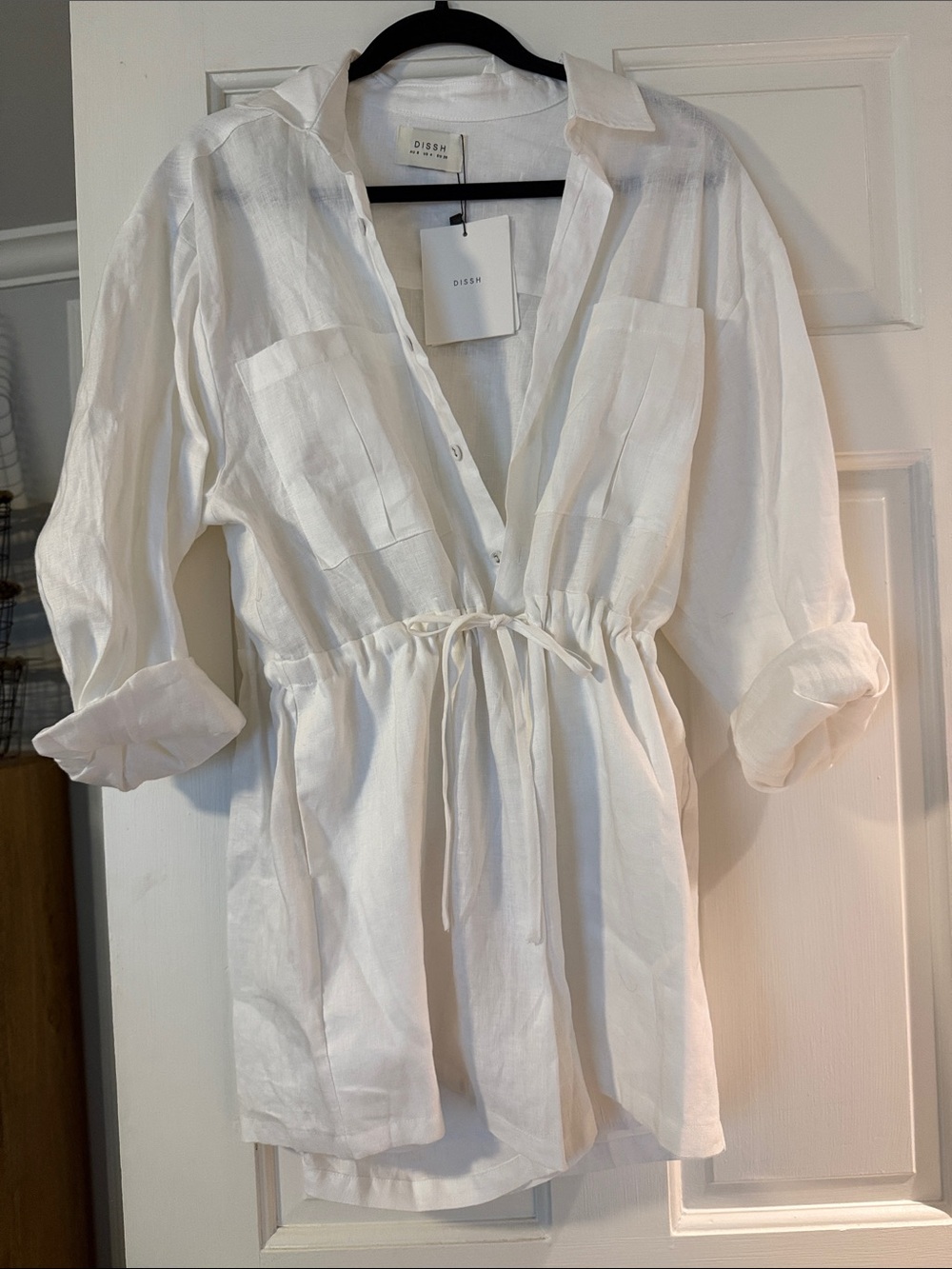 DISSH White Drawstring Button-Front Linen Romper
